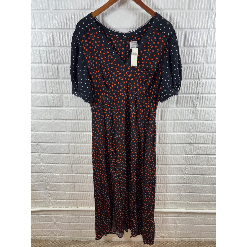 Maeve Anthropologie Heart Polka Dot V Neck A Line Midi Dress Large NWT - Picture 3 of 6